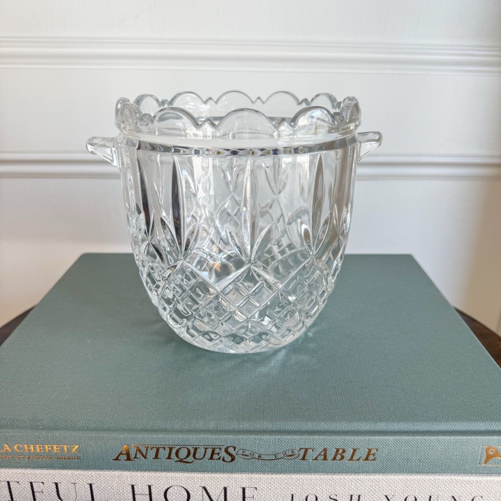 Vintage Clear Glass Ice Bucket with Handles Starburst & Diamond Pattern 5.5"